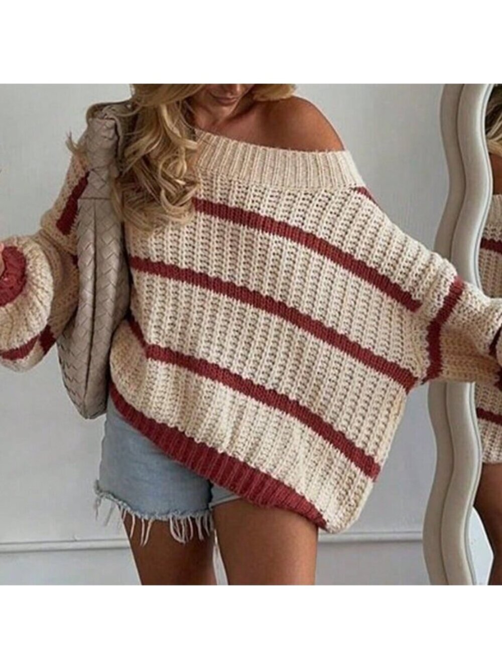 Red And White Casual Colorblock Women's Striped Loose Pullover Sweater